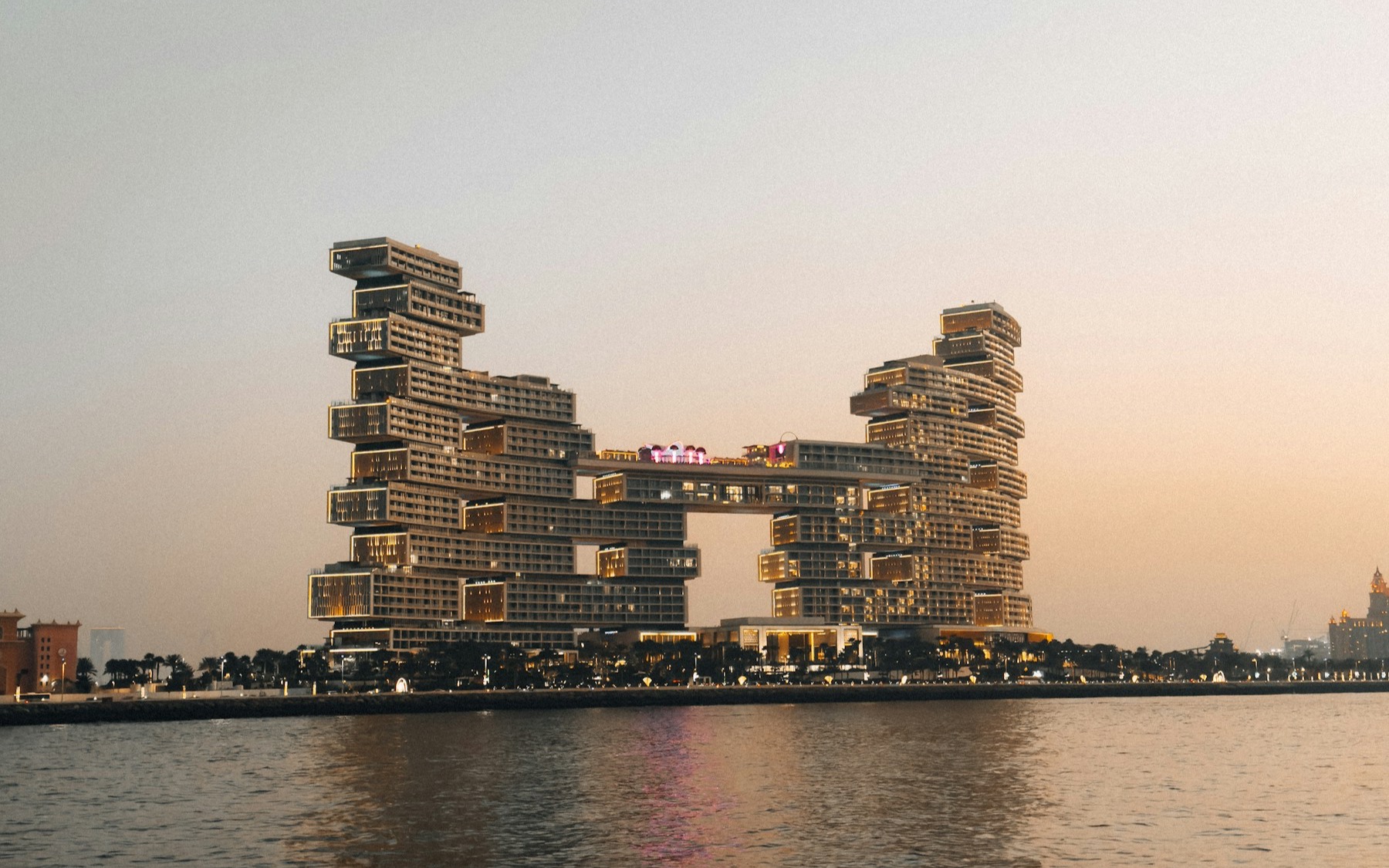 Atlantis The Royal on Palm Jumeirah at dusk.